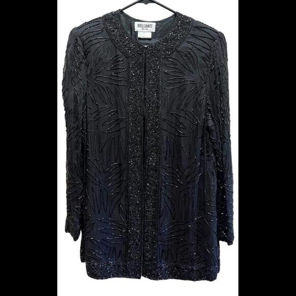 Vintage Brilliante by J.A. Women’s Size L Black Beaded 100% Silk Jacket - Picture 1 of 6